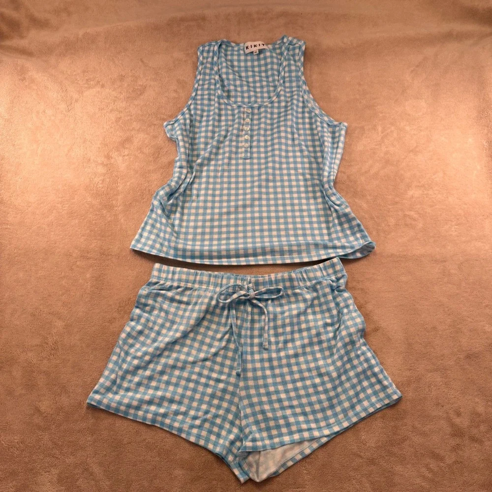 KIKIT Gingham Pajama Set Blue White Henley Tank Shorts Loungewear Sz XL